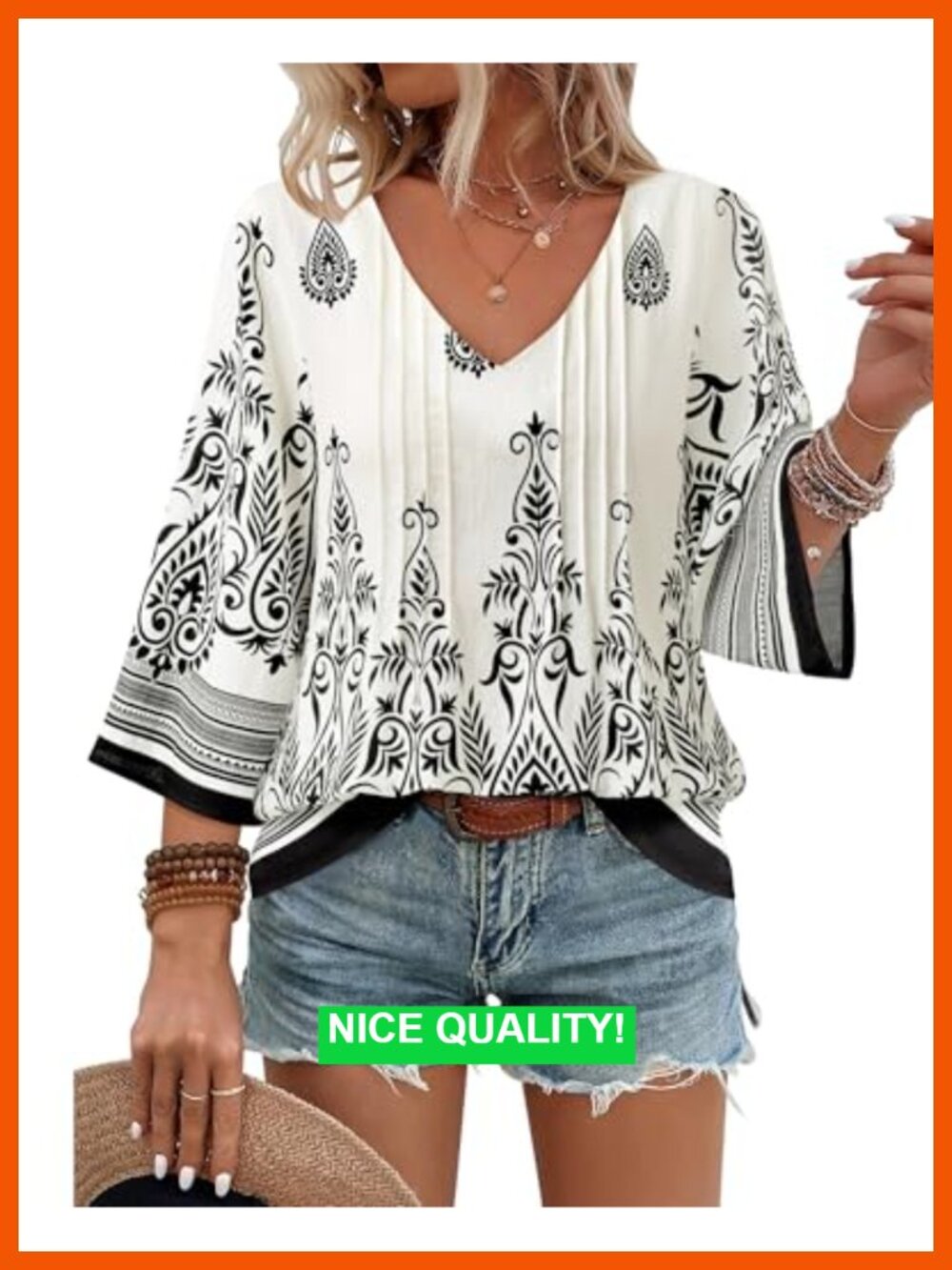 Bohemian V-Neck 3/4 Sleeve Tunic Blouse Loose Fit Floral